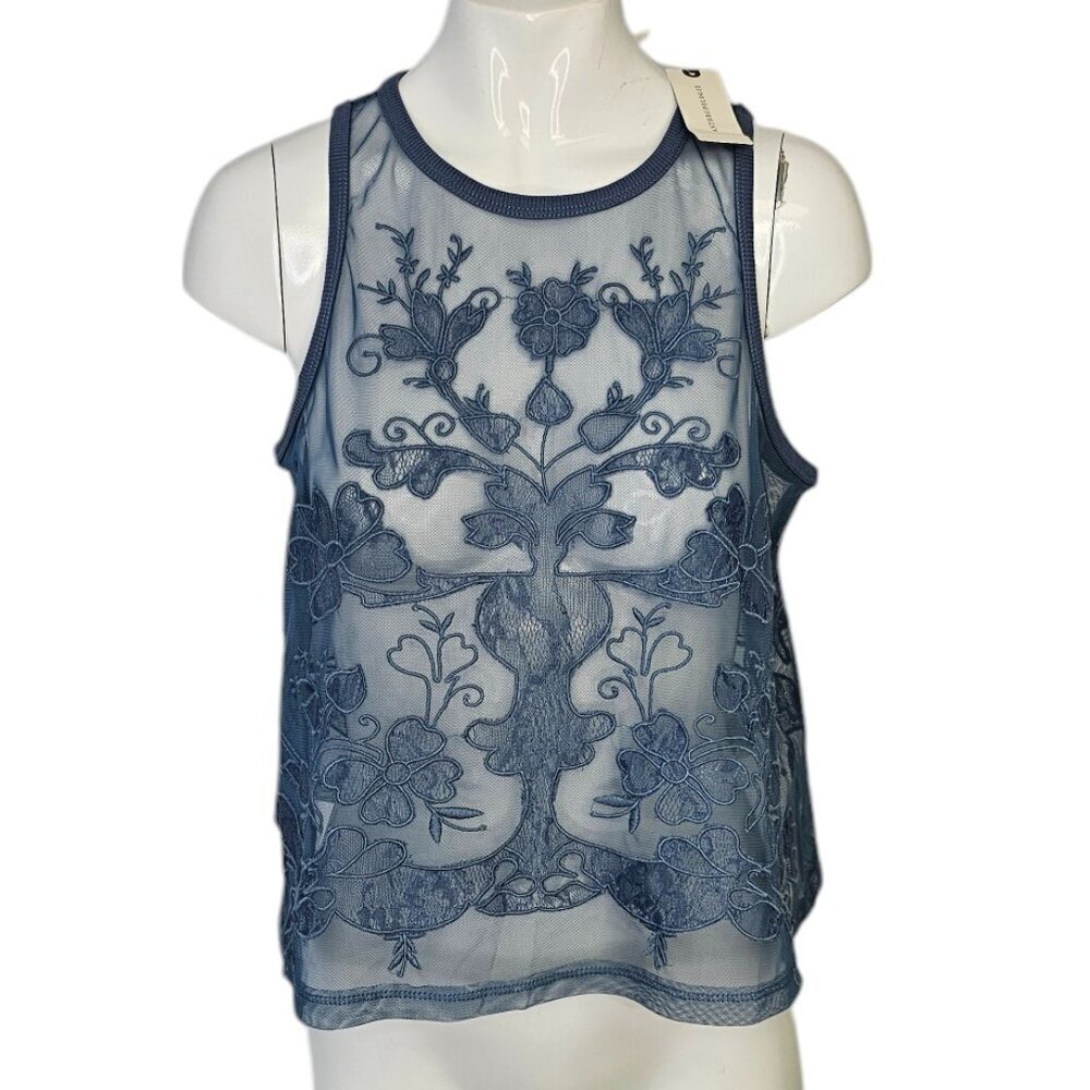 Anthropologie Mesh Appliqué Tank Floral Embroidered Sheer Blue Size XS NWT